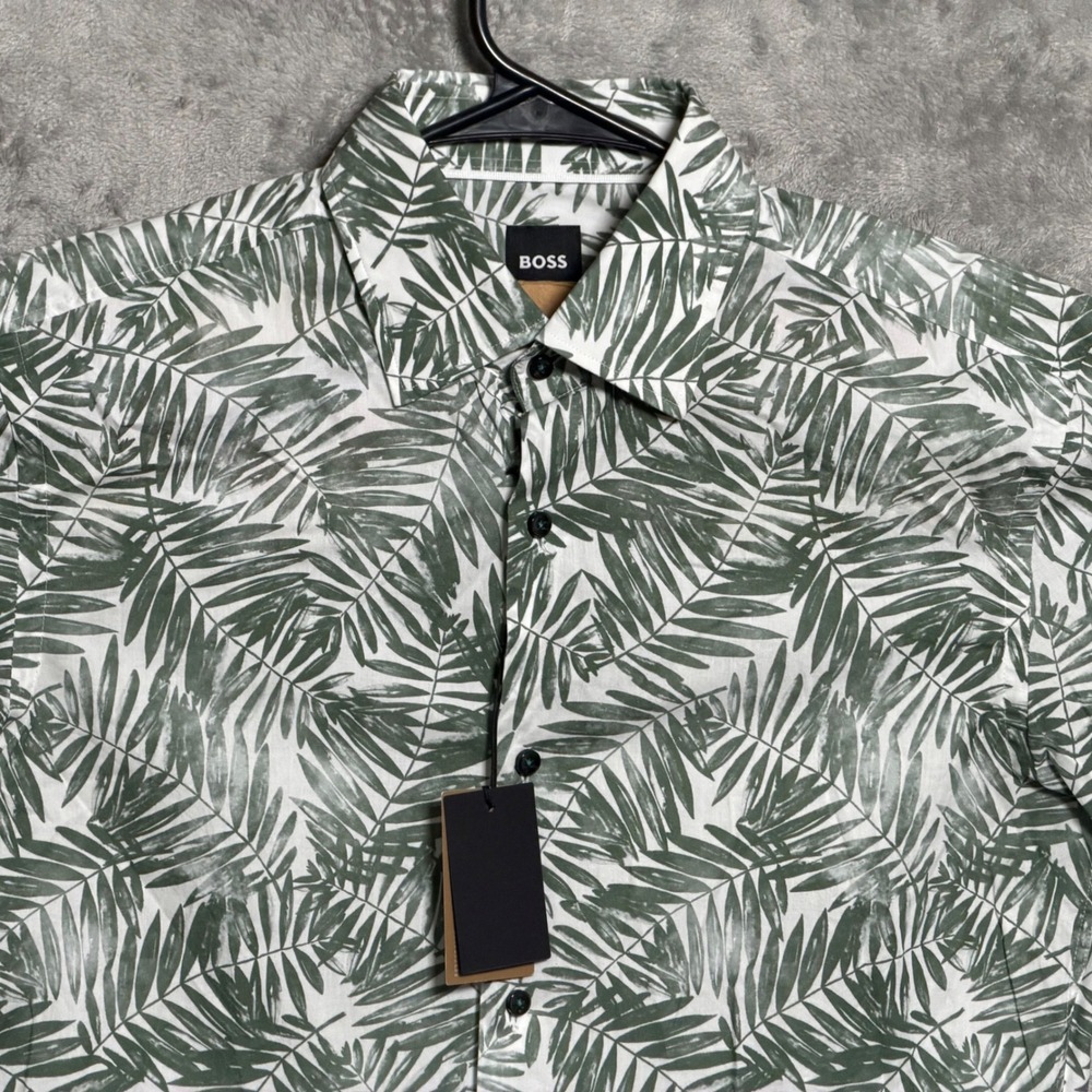BOSS HUGO BOSS Shirt Mens Small Green Palm Leaf Slim Fit Long Sleeve Resort